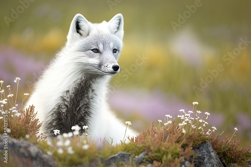 Arctic fox (Vulpes lagopus) in the wilde tundra. Arctic fox taking a seat. Generative AI
