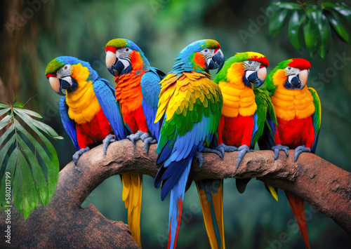 A flock of colorful parrots perched on a branch in a tropical rainforest - Gener Fototapet
