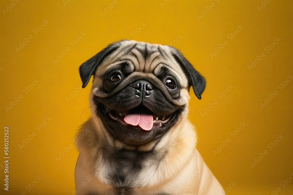 Happy Adorable Dog smile on yellow background. Cute Puppy Pug breed happiness ready for summer. Generative AI