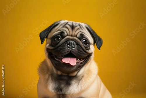 Happy Adorable Dog smile on yellow background. Cute Puppy Pug breed happiness ready for summer. Generative AI