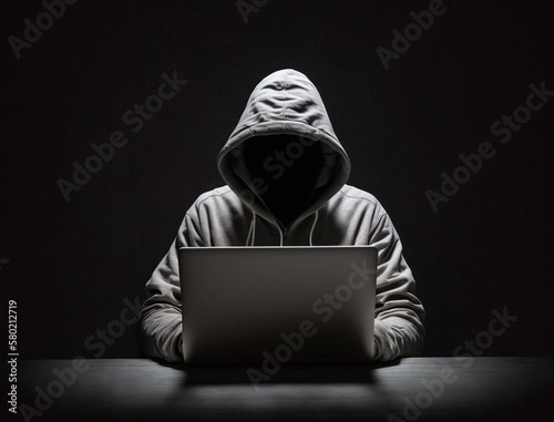 Anonymous hacker without face typing computer laptop. Concept of hacking cybersecurity, cybercrime, cyberattack, etc.