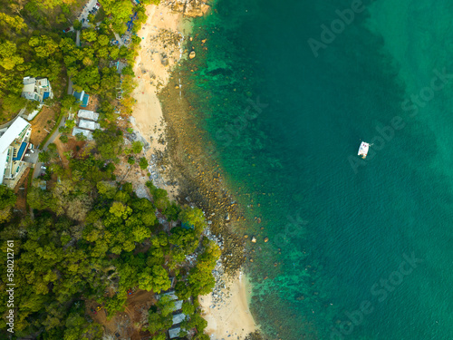 Wallpaper Mural aerial top view Ao Sean small white sand beach lined with rocks..turquoise sea at Ao Sane beach Phuket. 4k colorful blue sea background..beautiful nature in the hidden beach. Torontodigital.ca