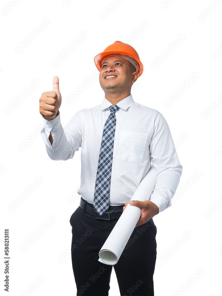 Young engineer or architect standing holding blueprint and thumbs up and smiling happy transparent background,png file. Young engineer or architect standing holding blueprint and thumbs up and smiling happy transparent background,png file.