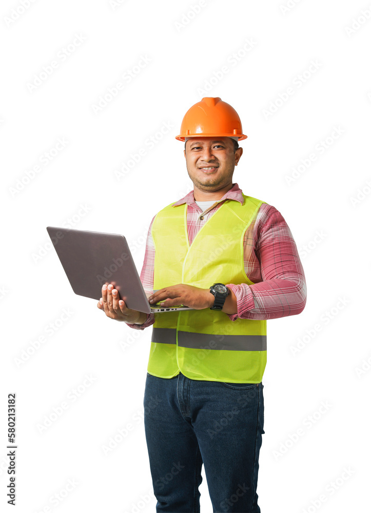 Portrait of a handsome chief engineer wearing a hard hat. Wearing a reflective tiger holding a laptop. transparent background,png file. Portrait of a handsome chief engineer wearing a hard hat. Wearing a reflective tiger holding a laptop. transparent background,png file.