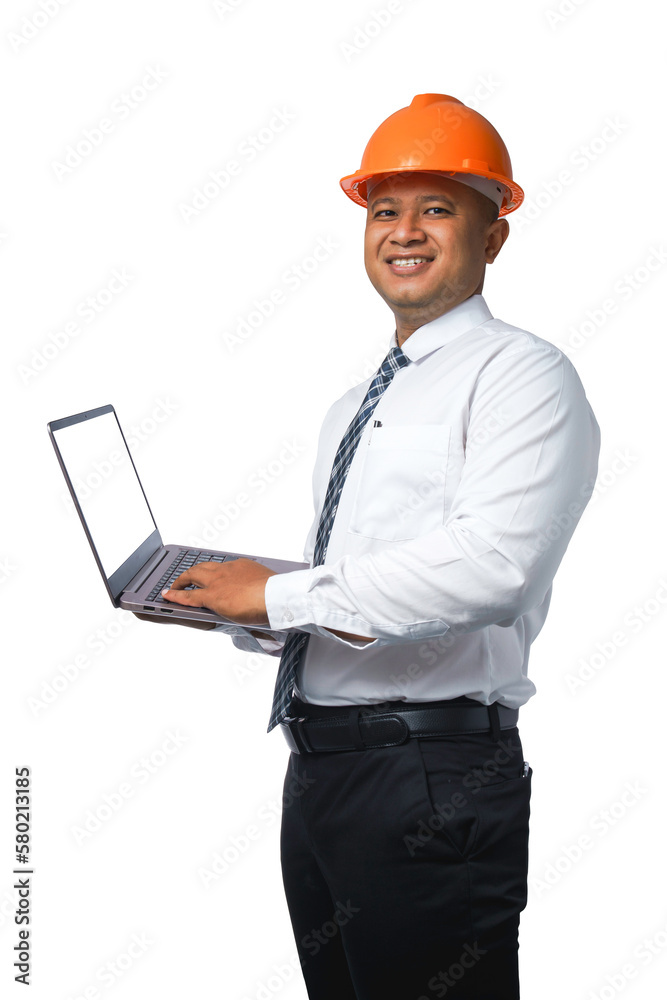 Young engineer or architect standing with laptop and smiling happy transparent background,png file. Young engineer or architect standing with laptop and smiling happy transparent background,png file.