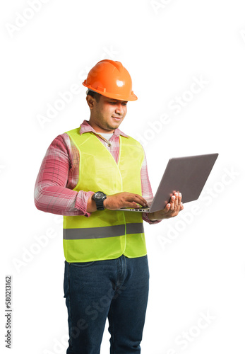 Portrait of a handsome chief engineer wearing a hard hat. Wearing a reflective tiger holding a laptop. transparent background,png file.