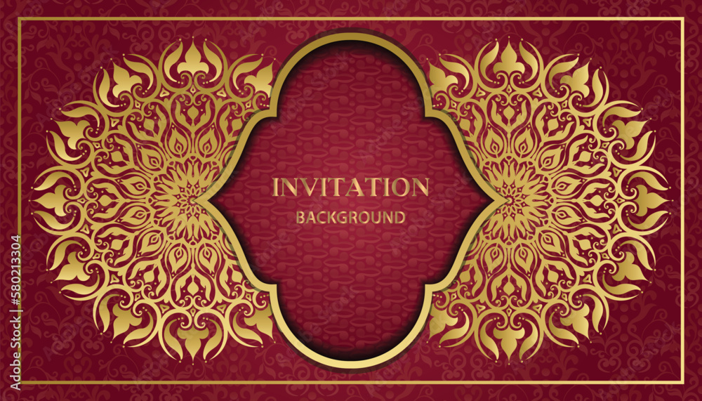 Arabesque style decorative golden mandala background. Ornamental floral loyal frame, greeting and invitation card.Decoration, Decorative, Ornament, Ornamental, India, Indian, invitation, Wedding,