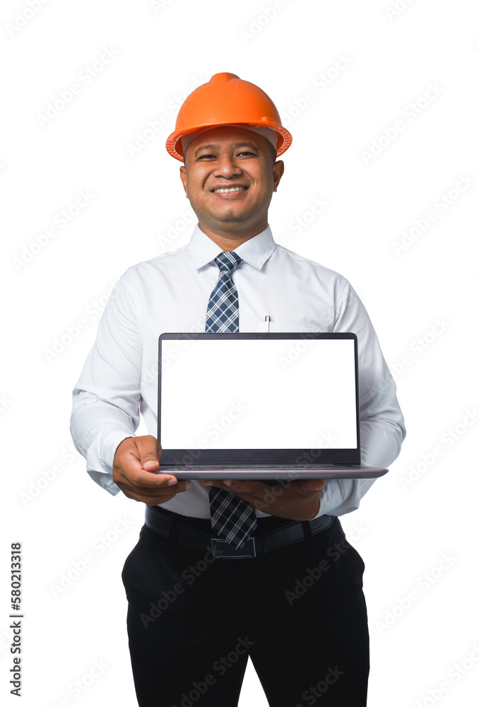 Young engineer or architect standing with laptop and smiling happy transparent background,png file. Young engineer or architect standing with laptop and smiling happy transparent background,png file.