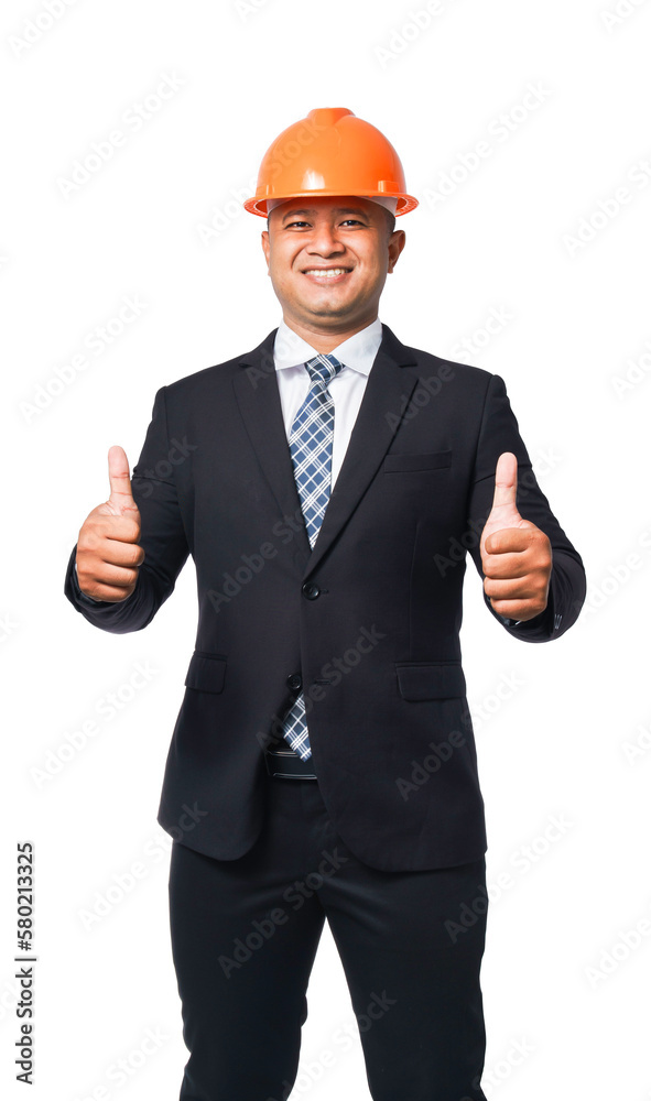 Portrait of a handsome chief engineer wearing a black suit and hard hat standing with a thumbs up. transparent background,png file. Portrait of a handsome chief engineer wearing a black suit and hard hat standing with a thumbs up. transparent background,png file.