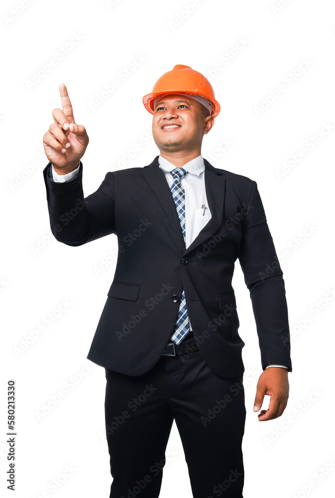 Young engineer or architect standing pointing up smiling happy transparent background,png file. Young engineer or architect standing pointing up smiling happy transparent background,png file.