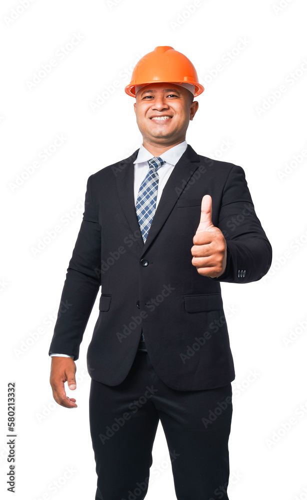 Portrait of a handsome chief engineer wearing a black suit and hard hat standing with a thumbs up. transparent background,png file. Portrait of a handsome chief engineer wearing a black suit and hard hat standing with a thumbs up. transparent background,png file.
