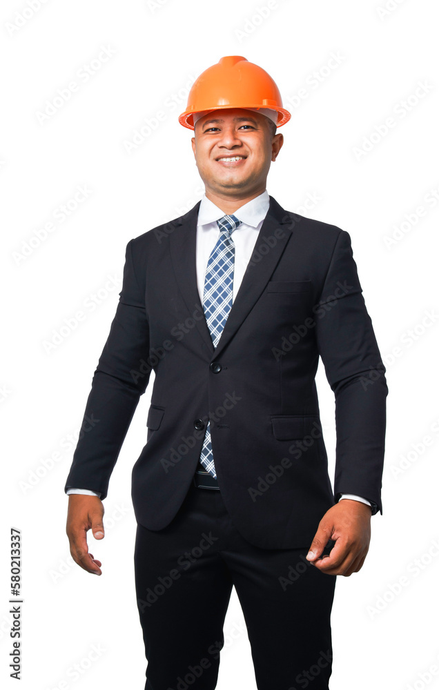 Portrait of a handsome chief engineer wearing a black suit and hard hat standing smiling happily. transparent background,png file. Portrait of a handsome chief engineer wearing a black suit and hard hat standing smiling happily. transparent background,png file.