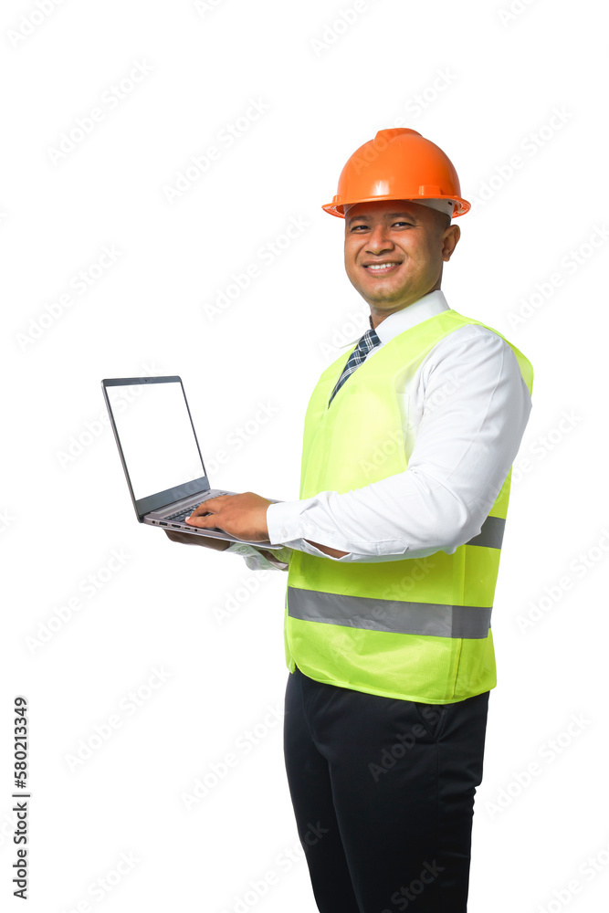 Portrait of a handsome chief engineer wearing a hard hat. Wearing a reflective tiger holding a laptop. transparent background,png file. Portrait of a handsome chief engineer wearing a hard hat. Wearing a reflective tiger holding a laptop. transparent background,png file.