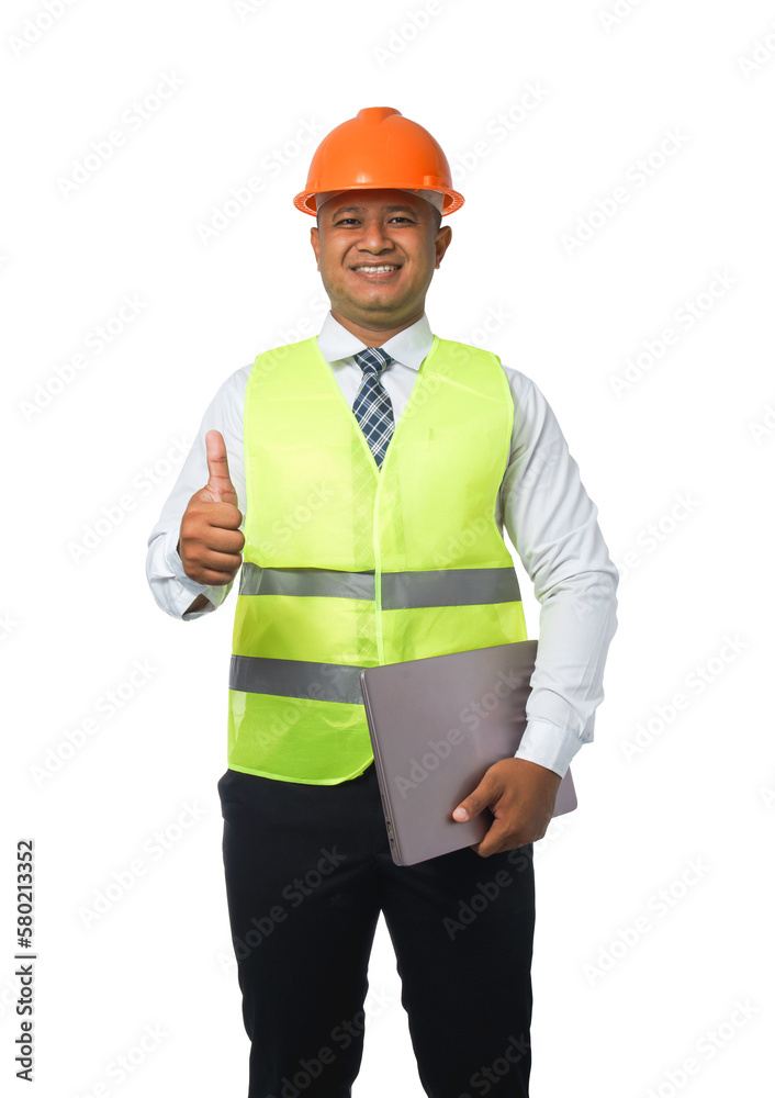 Portrait of a handsome chief engineer wearing a hard hat. Wearing a reflective tiger holding a laptop. transparent background,png file. Portrait of a handsome chief engineer wearing a hard hat. Wearing a reflective tiger holding a laptop. transparent background,png file.