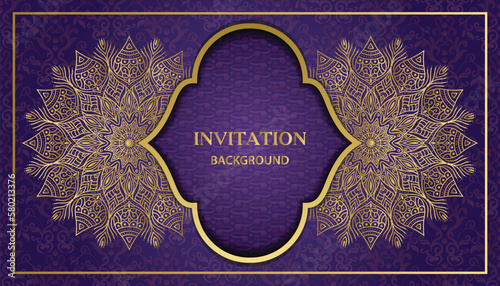 Arabesque style decorative golden mandala background. Ornamental floral loyal frame, greeting and invitation card.Decoration, Decorative, Ornament, Ornamental, India, Indian, invitation, Wedding,