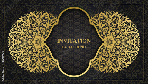 Arabesque style decorative golden mandala background. Ornamental floral loyal frame, greeting and invitation card.Decoration, Decorative, Ornament, Ornamental, India, Indian, invitation, Wedding,