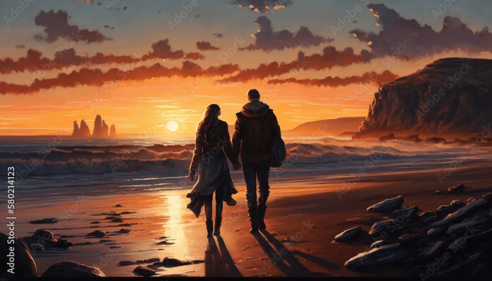silhouette of a couple on the beach walking hand in hand, Illustration ...