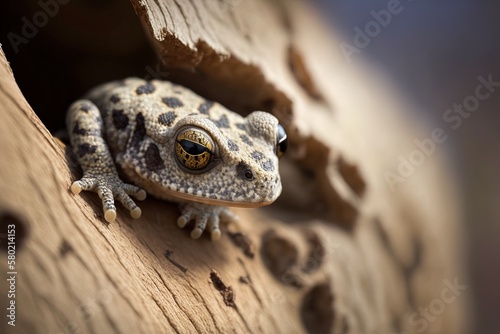 Common midwife toad (Alytes obstetricans) with a blurry, close-up focus on the tree bark. Generative AI photo