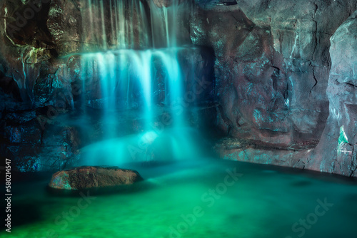 Idyllic and peaceful Waterfall inside a cave in Pantanal   Brazil  long exposure