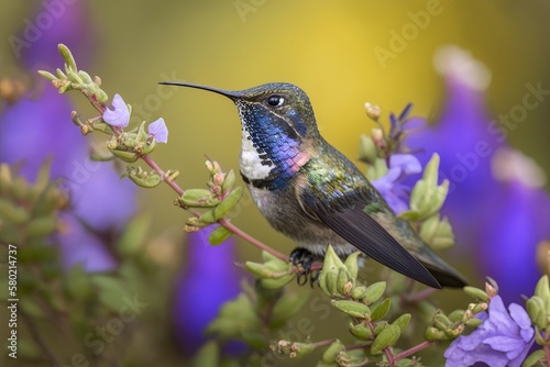 The hummer in the wild. Selective Keep your eyes out for a white vented violetear (Colibri serrirostris) as it hovers above the purple blossoms of woodland sage to sip the nectar. Generative AI photo
