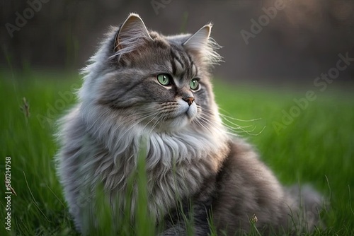 The cat sits on a green lawn and looks to the side. A close up picture of a fluffy gray cat with green eyes in the wild. Siberian stock. Generative AI