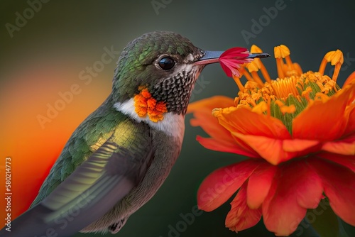 In this close up, a Ruby throated Hummingbird eats nectar from an orange Zinnia flower in a garden in Quebec, Canada. This bird is officially known as Archichus colubris from a scientific perspective