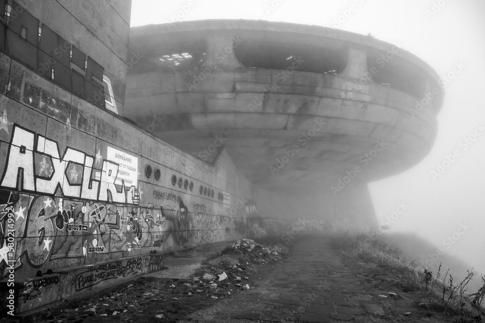Soviet ruined and abandoned Buzludja Memorial In Bulgaria Shipka pass, Eastern