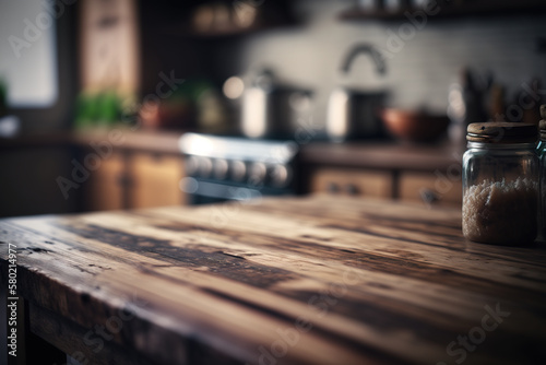 Kitchen wooden table top with blur background. Created with Generative AI Technology