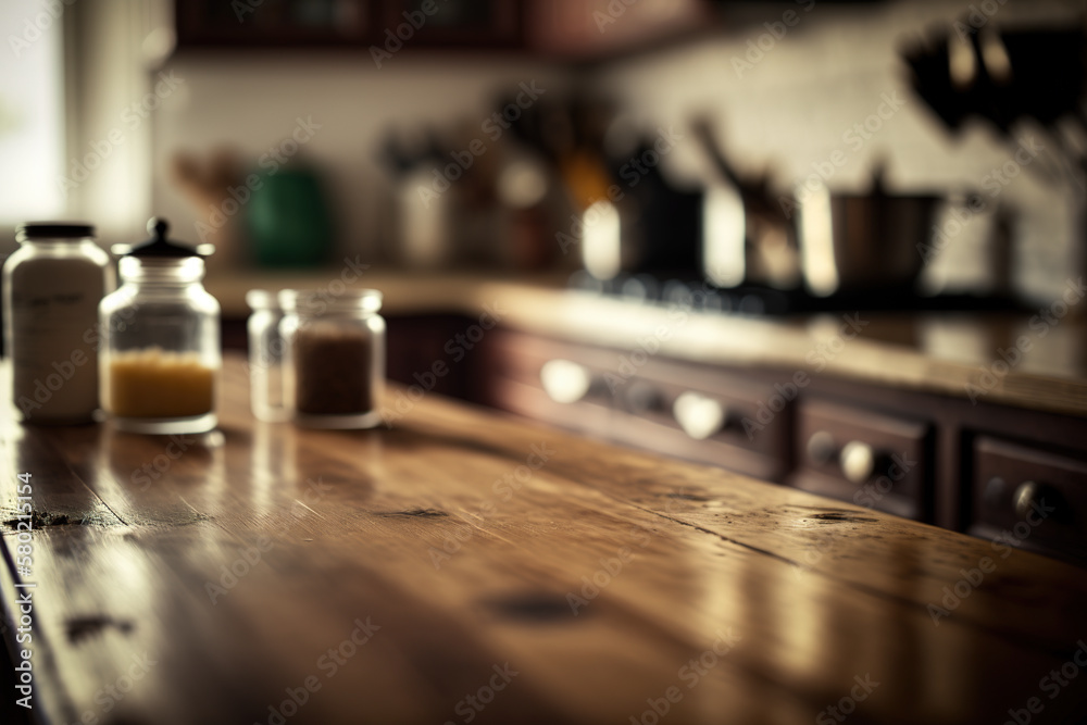 Fototapeta premium Kitchen wooden table top with blur background. Created with Generative AI Technology