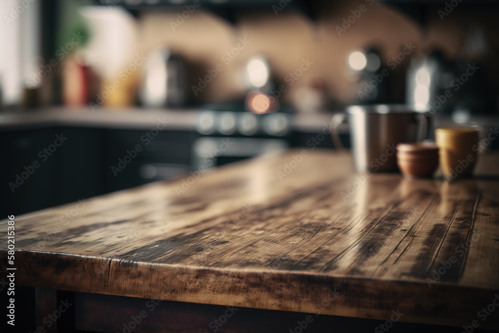 Kitchen wooden table top with blur background. Created with Generative AI Technology Kitchen wooden table top with blur background. Created with Generative AI Technology
