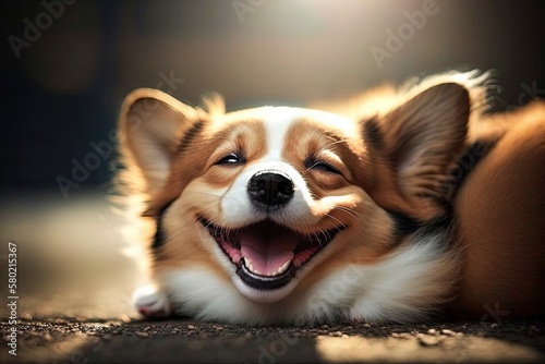 dog lay on its back and show its teeth when it smiles. Generative AI