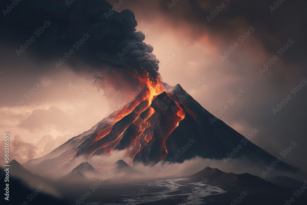 A dramatic display of nature's power! Watch the majestic volcano erupt in the midst of a misty, smoggy, and foggy mountain landscape. Generative AI