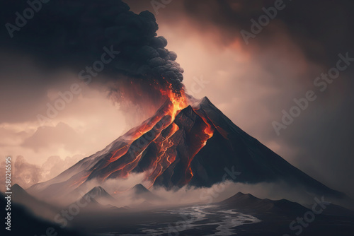 A dramatic display of nature's power! Watch the majestic volcano erupt in the midst of a misty, smoggy, and foggy mountain landscape. Generative AI