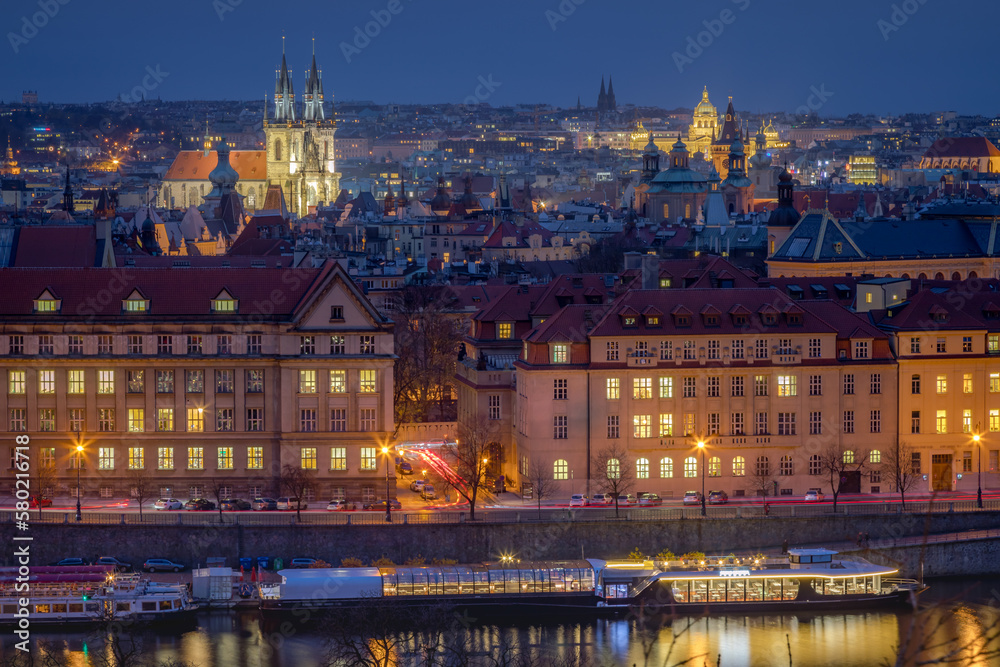 Panoramic view over the cityscape of Prague at dramatic dusk, Czech Republic