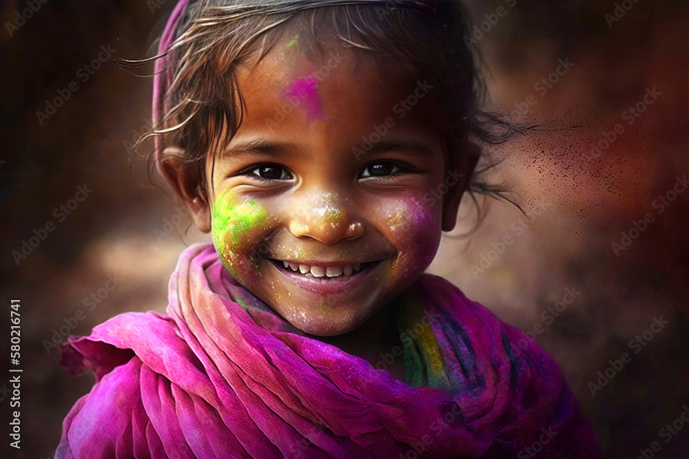 Holi. Generative AI. A cheerful dark-haired child poses, smeared with multicolored powder. Close-up of the face. Holi. Generative AI. A cheerful dark-haired child poses, smeared with multicolored powder. Close-up of the face.