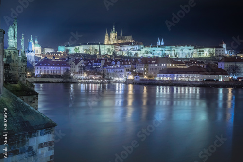 Panoramic view over the cityscape of Prague at dramatic dusk  Czech Republic