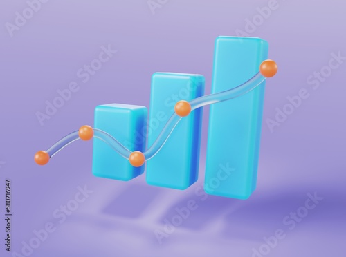 Blue graph in the form of columns with glass elements on an isolated background 3d render