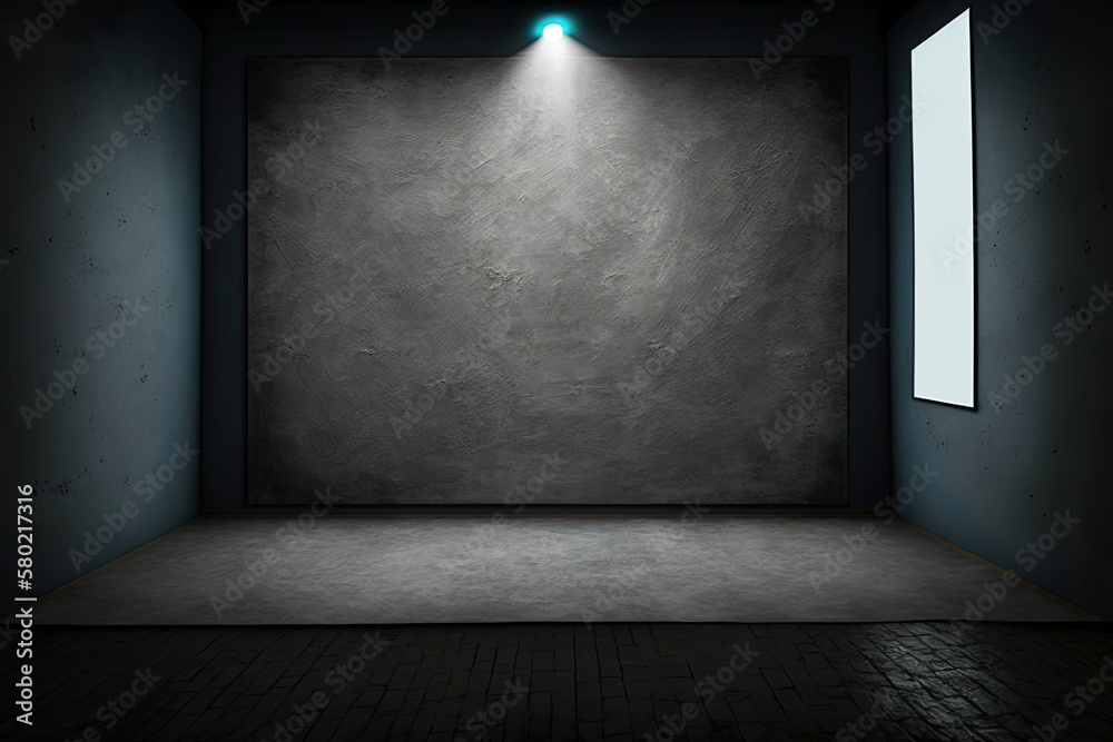 A dimly lit room with a dark background. Background of an empty city street  illuminated by