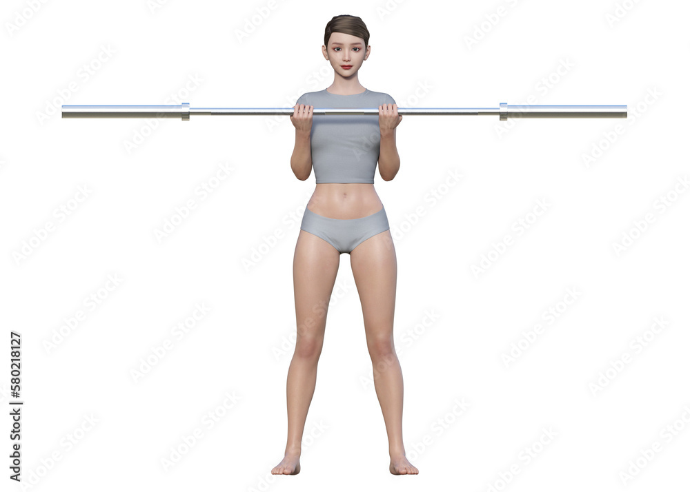 オリンピックシャフトで脇を締めてバーベルカールをしている3dモデル女性の全身正面のイラスト