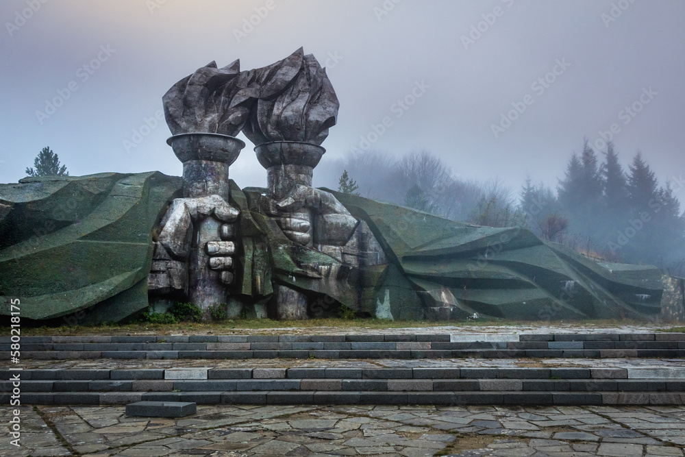 Soviet ruined and abandoned Buzludja Memorial In Bulgaria Shipka pass, Eastern