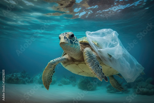 turtle with a plastic bag in the sea  generative AI