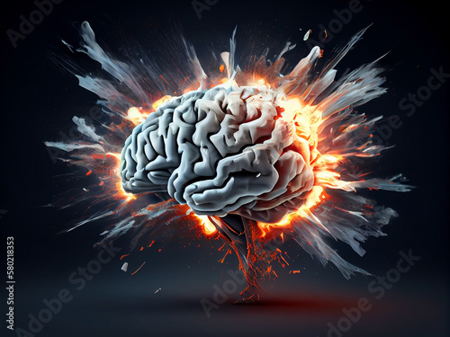 Fiery explosion of the human brain, concept, on a dark uniform background. Generative AI