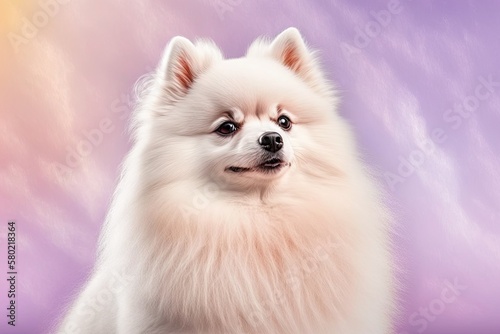 The dog is a white Pomeranian, and the background is purple. Cute little spitz. Where to put text. Generative AI © AkuAku