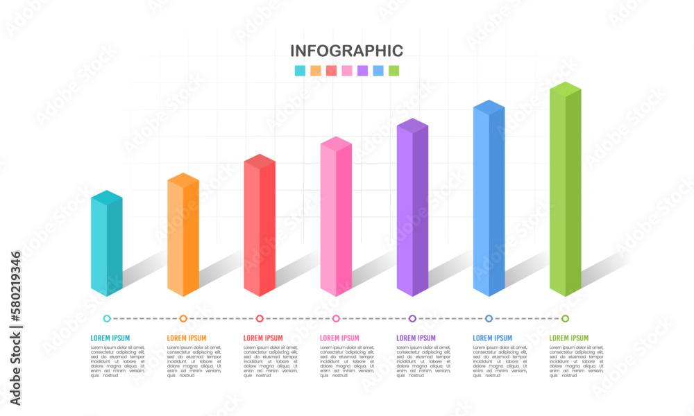 7 Bar chart 3D graph timeline business statistics. The report, Presentation, Data, Milestone, and Infographic. Vector illustration.