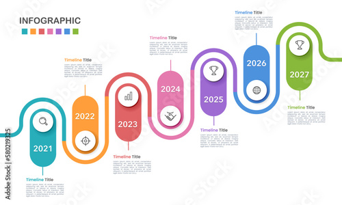 Infographic timeline business 7 years. The report, Presentation, Data, Milestone, and Infographic. Vector illustration.