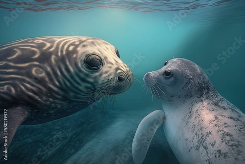 Animal with worries. In the water of the sea, a seal is holding on to a friend. A funny animal meme shows a young seal who looks worried trying to wake up his partner. Wide eyes are a sign of worry. T © AkuAku