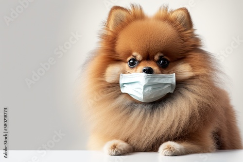 Coronavirus concept a small dog breed, possibly a Pomeranian, with light brown hair sitting and wearing a PM2.5 mask to protect against pollution. The background is white. It feels bad, so it tries t © AkuAku