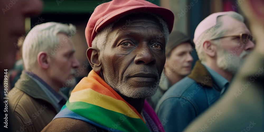 Fototapeta premium portrait of an afro american man with gay pride flag on his back in demonstration for gay pride day created by artificial intelligence 