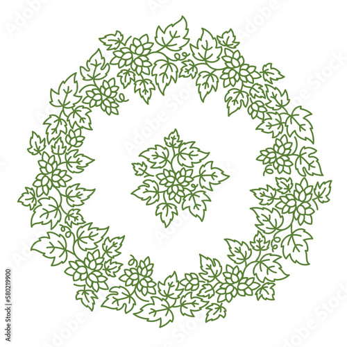Humulus, hop circle frame floral ornament. Thick line pattern. Editable outline stroke. Vector line.