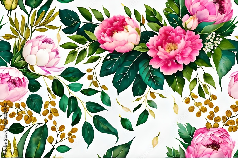 Watercolor seamless border - illustration with green gold leaves, white flowers, rose,  branches, for wedding stationary, greetings, wallpapers, fashion, backgrounds, wrappers, cards